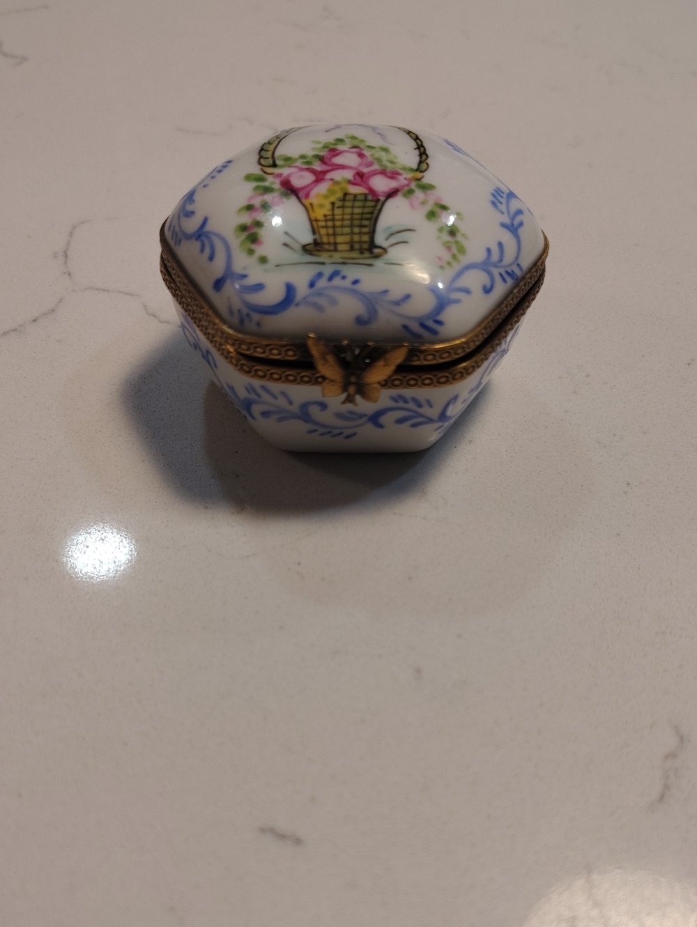 Limoges Hand-Painted Porcelain Trinket Box with Floral Basket